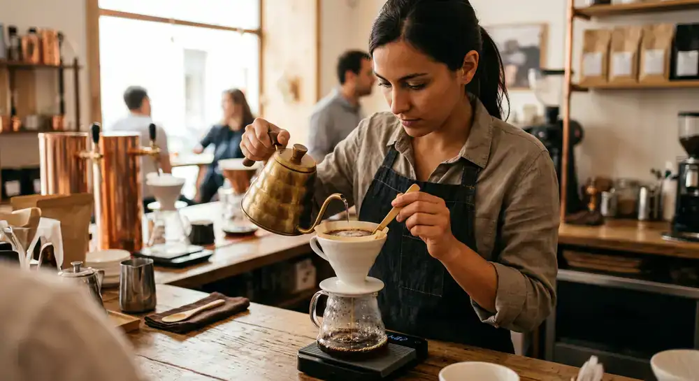 Detalhes de um barista a preparar café com precisão
