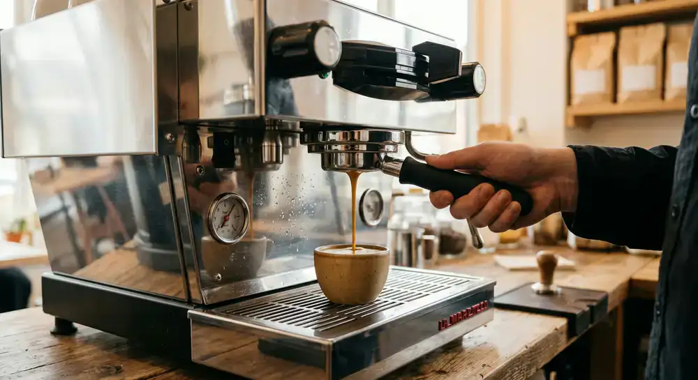 Extração perfeita de um café expresso numa máquina premium