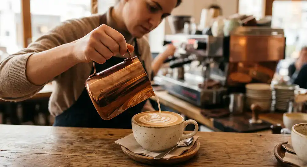 Coleção de acessórios de café incluindo calcador, nivelador e balança sobre uma mesa de madeira