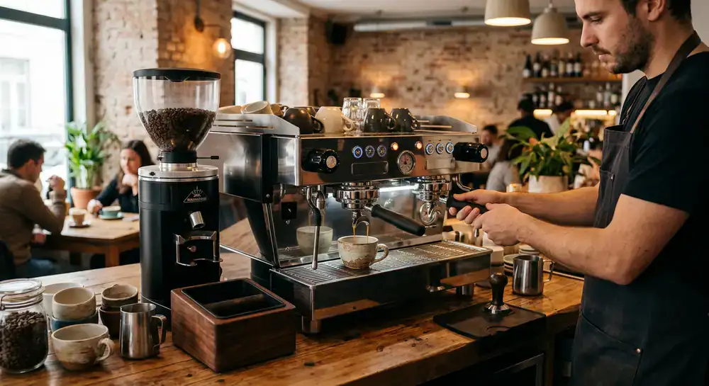 Máquina de café expresso premium num ambiente de café elegante