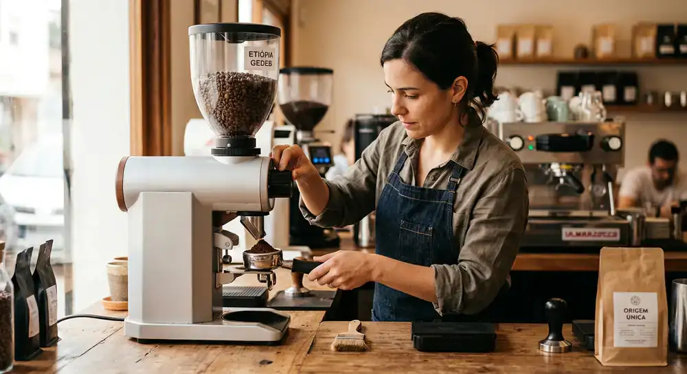 Barista a preparar grãos de café com um moinho de precisão