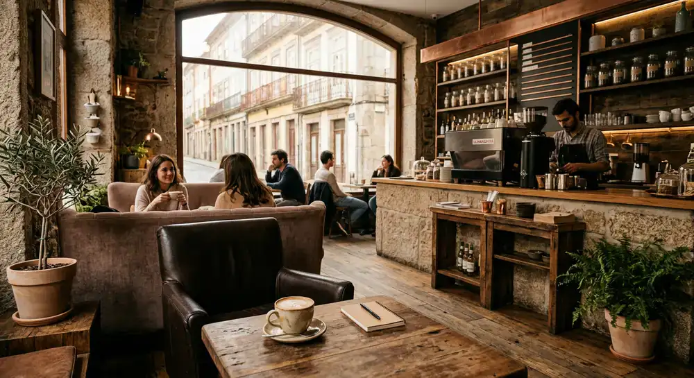 Ambiente acolhedor e premium de uma cafetaria no Porto