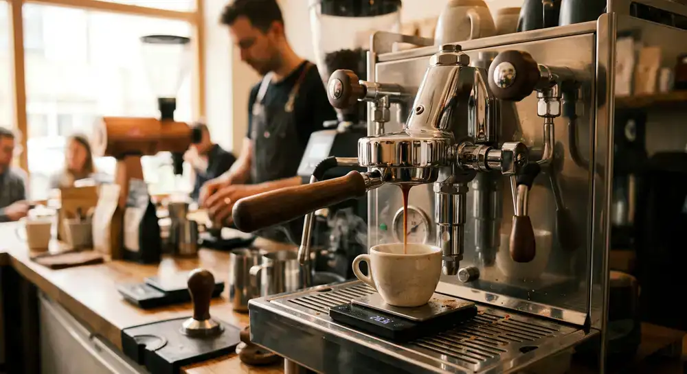 Extração de café expresso numa máquina premium
